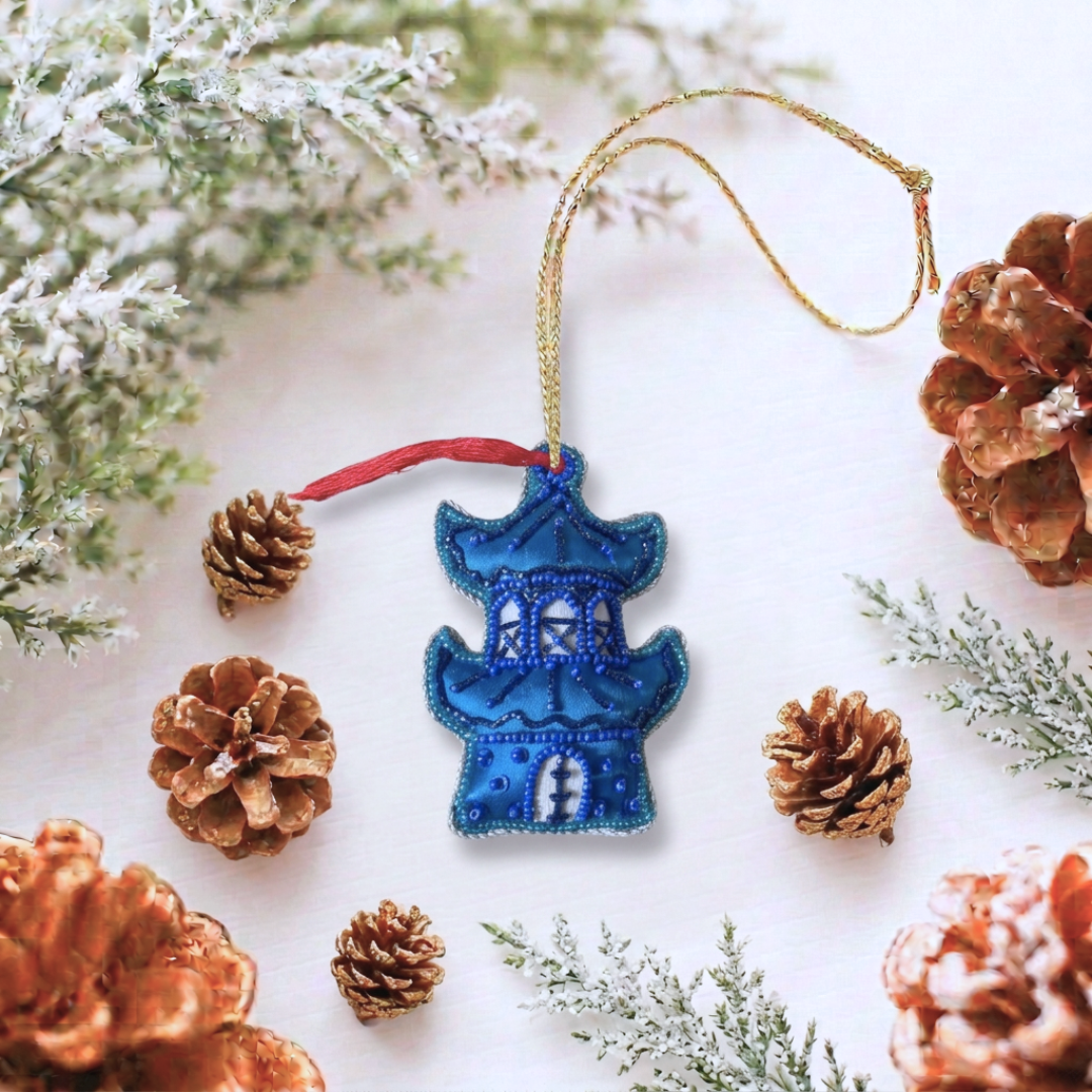 Embroidered Ornament – Blue Chinese Pagoda